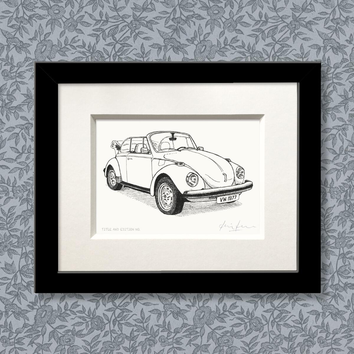 Limited edition print from pen and ink drawing of a 1977 soft-top VW Beetle in black frame