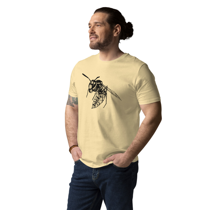 Wasp drawing in black on 'butter' t-shirt