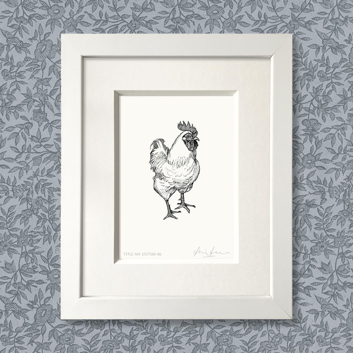 Limited edition print from pen and ink drawing of cockerel in white frame