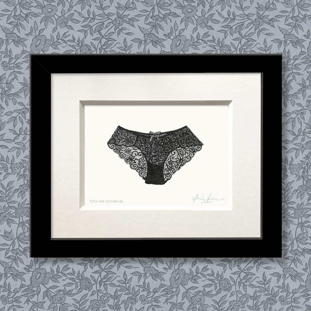 Limited edition print from pen and ink drawing of a pair of lacy knickers in a black frame