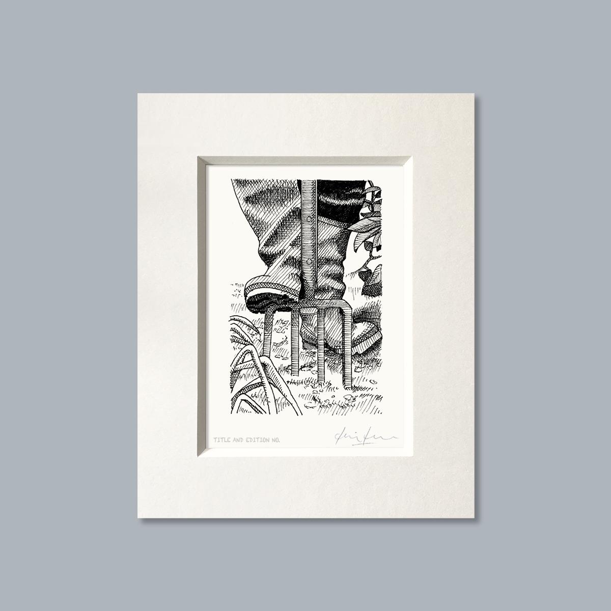 Limited edition print from pen and ink drawing of someone digging in a white mount