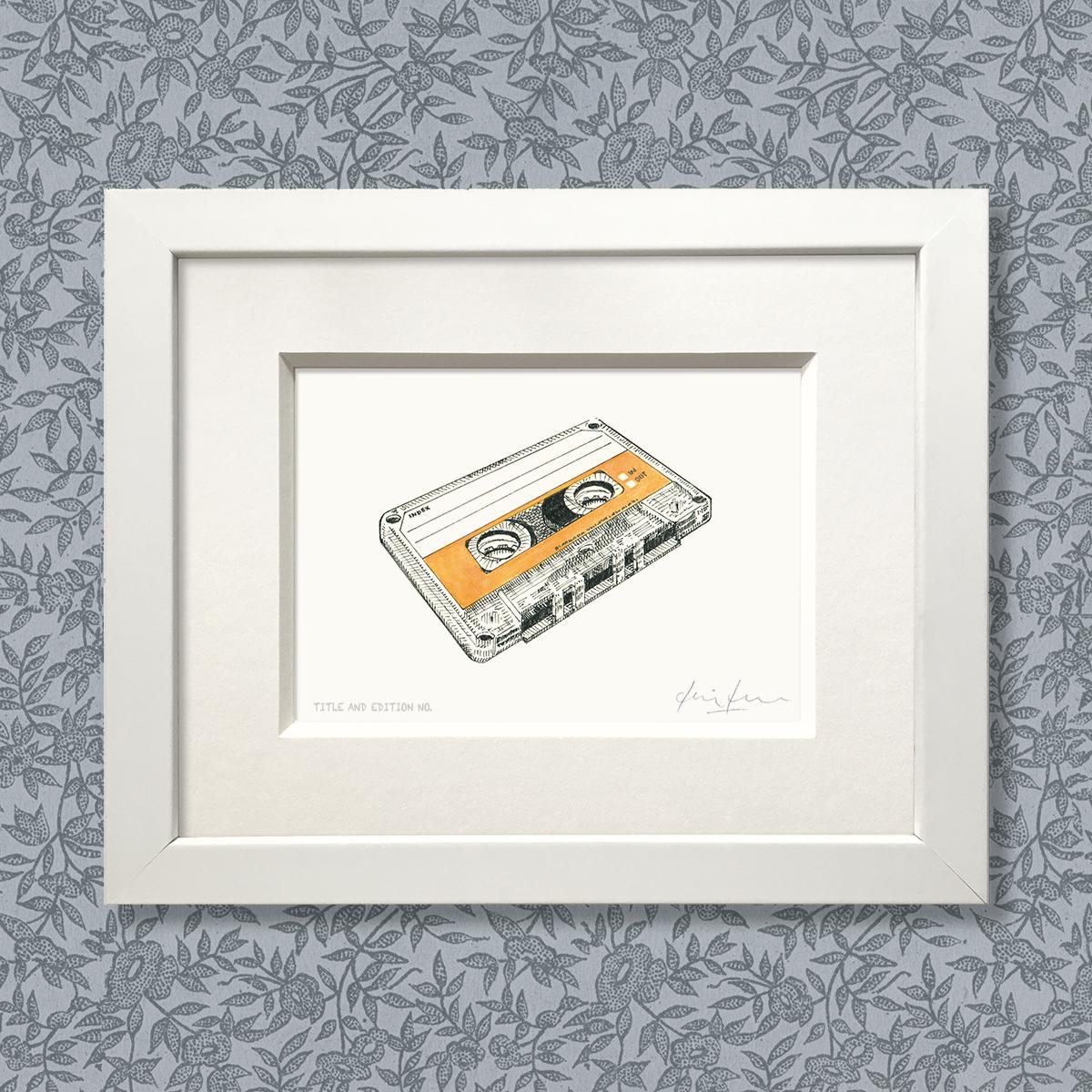 Limited edition print from pen, ink and watercolour sketch of a cassette tape in a white frame