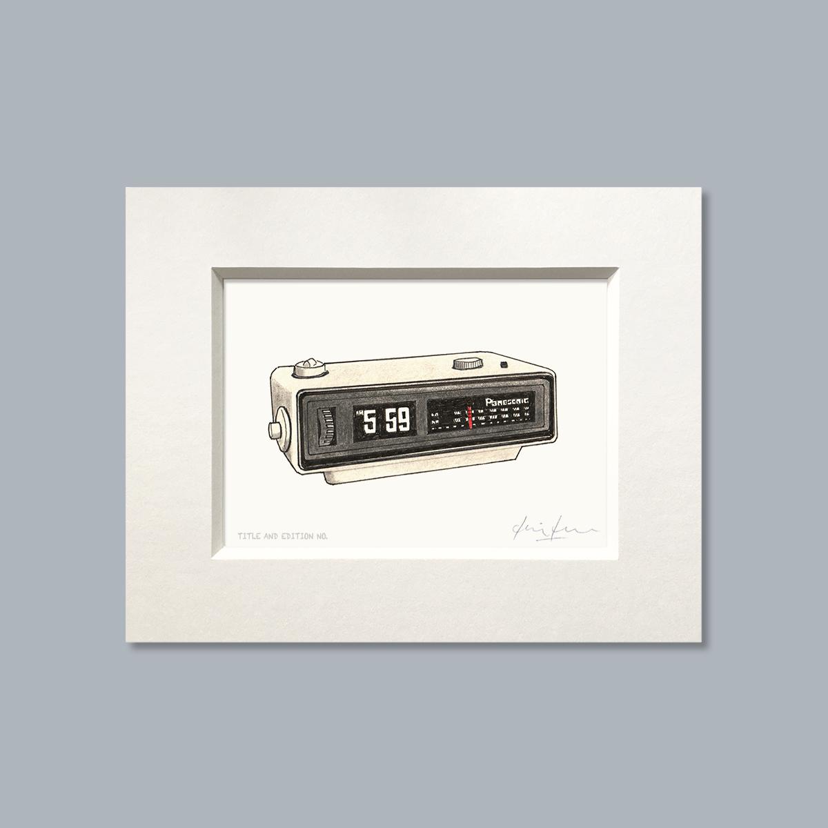 Limited edition print from a pen, ink and coloured pencil drawing of the alarm radio from the film Groundhog Day in a white mount