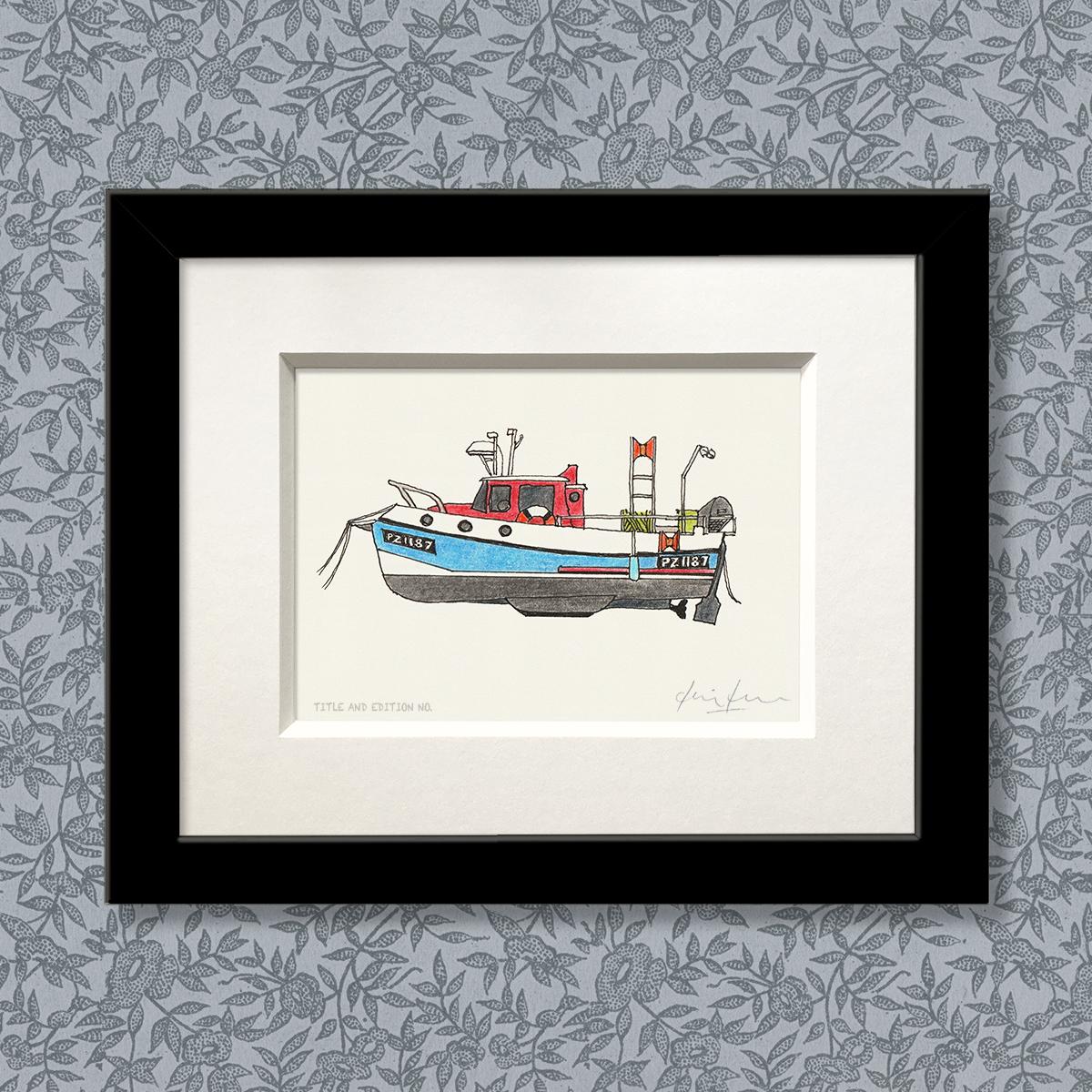 Limited edition print from pen and ink drawing of a fishing boat in a black frame