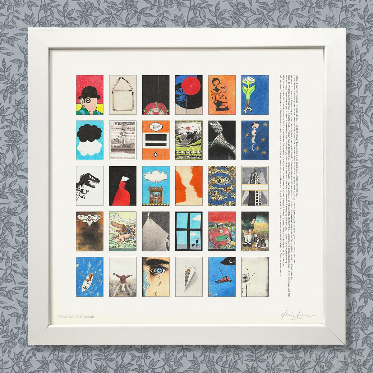 Limited edition montage print of book covers in a white frame.
