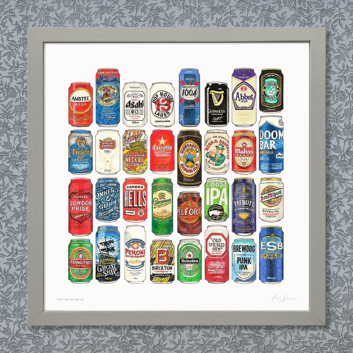 Limited edition print of a selection of pen, ink and coloured pencil sketches of beer cans, in a grey frame.