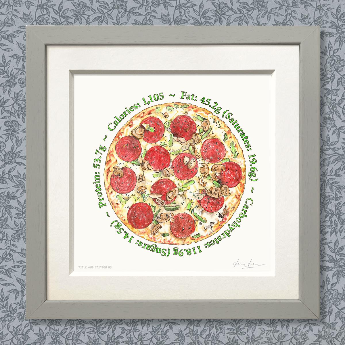 Limited edition print of coloured drawing of pizza, in a grey frame.