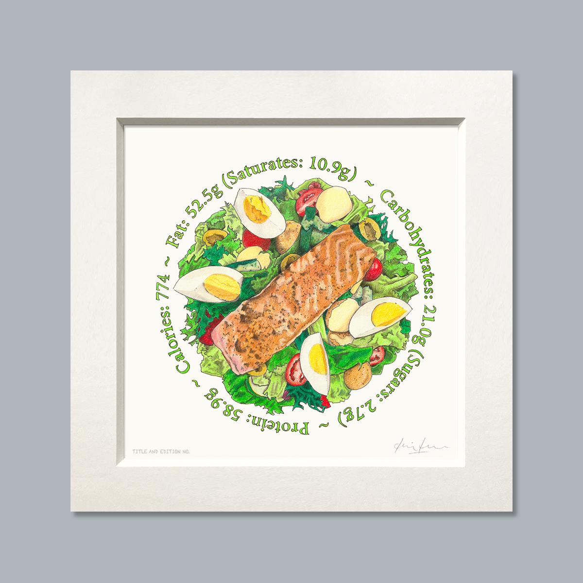 Limited edition print of coloured drawing of a plate of salmon salad, in a white mount.