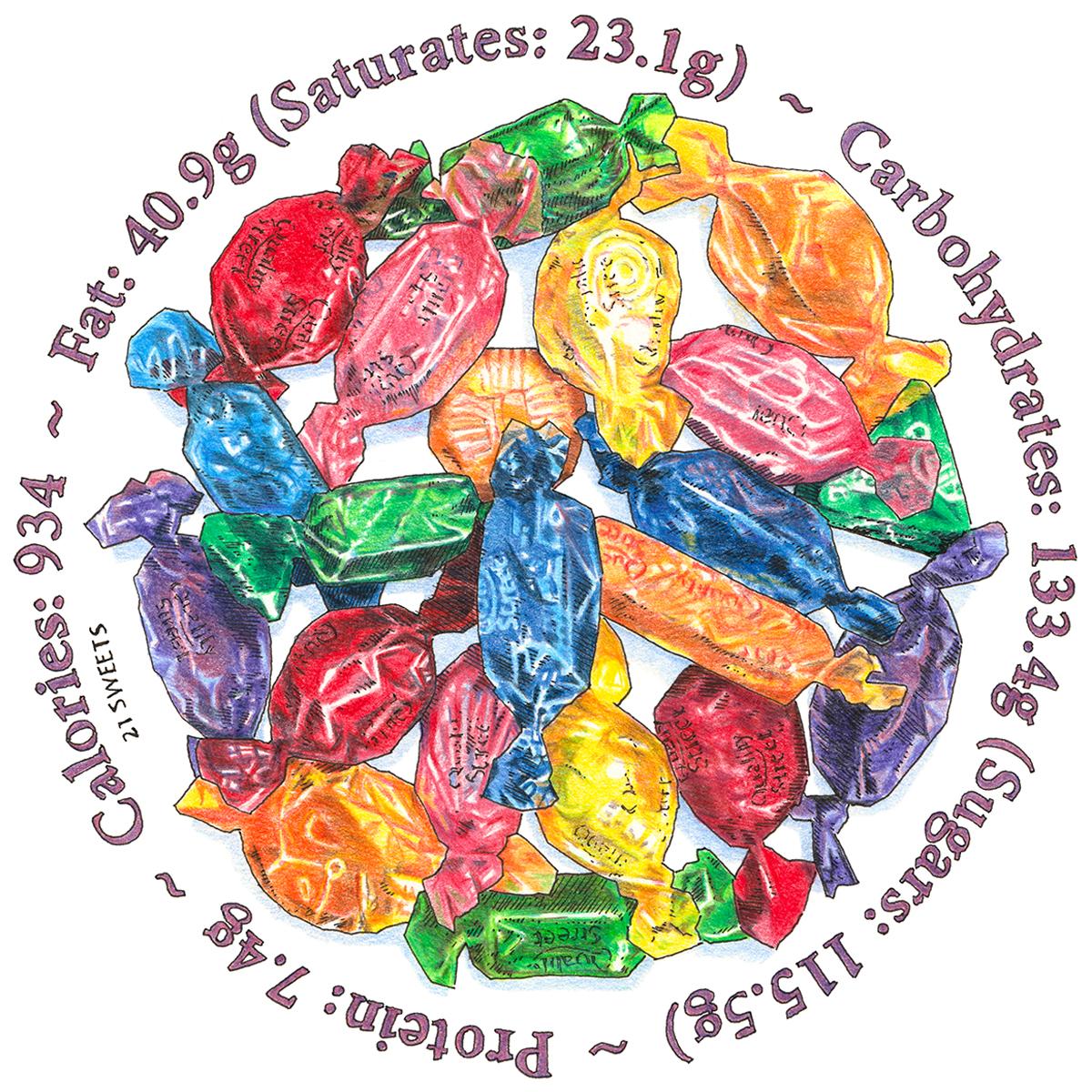 Limited edition print of coloured drawing of a pile of Quality Street chocolates.