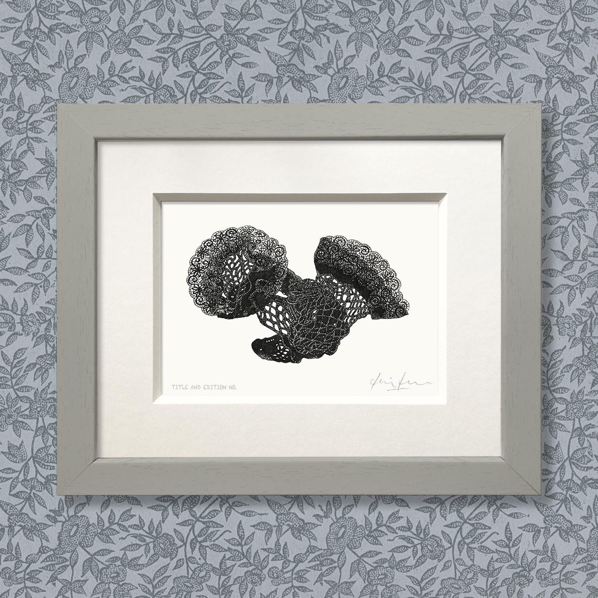 Limited edition print from pen and ink drawing of a pair of discarded fishnet stockings in a grey frame
