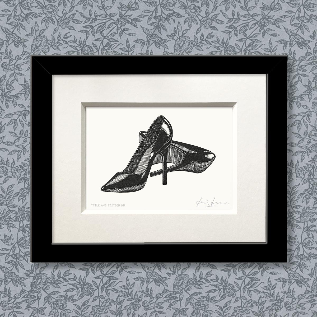 Limited edition print from pen and ink drawing of a pair of stiletto heels in a black frame