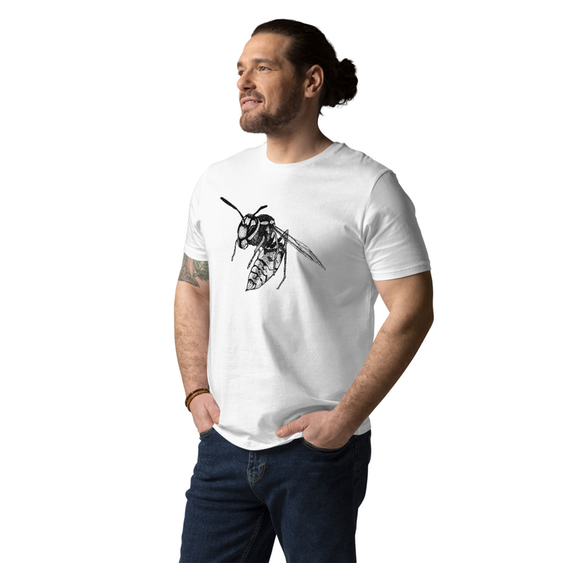 Wasp drawing in black on white t-shirt