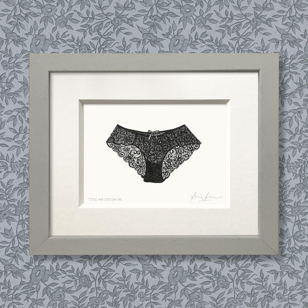 Limited edition print from pen and ink drawing of a pair of lacy knickers in a grey frame