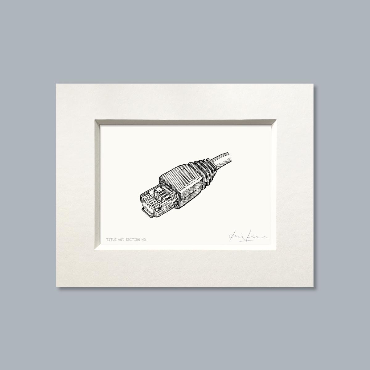 Limited edition print from pen and ink drawing of an ethernet connector in a white mount