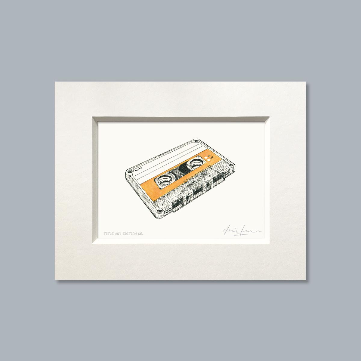 Limited edition print from pen, ink and watercolour sketch of a cassette tape in a white mount