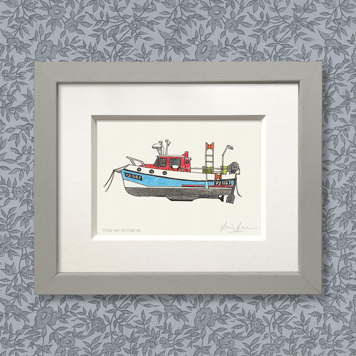Limited edition print from pen and ink drawing of a fishing boat in a grey frame