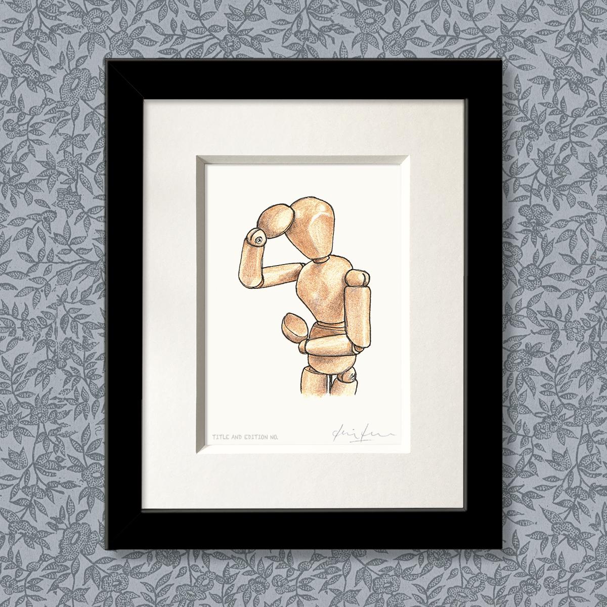 Limited edition print from pen and ink drawing of an artists' mannequin in a black frame