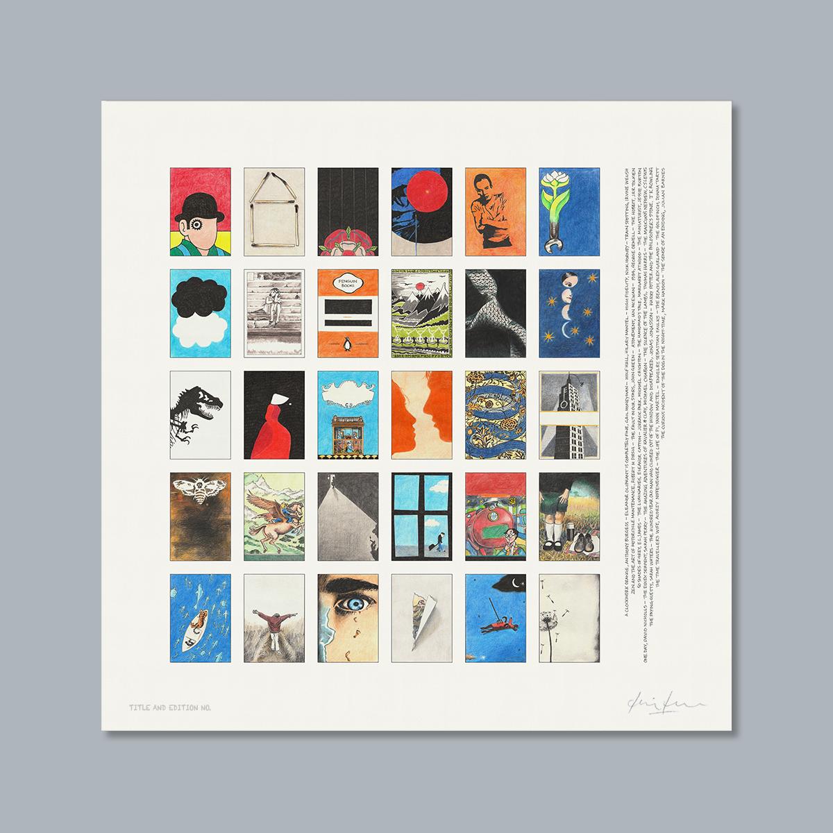 Limited edition montage print of book covers, unframed.