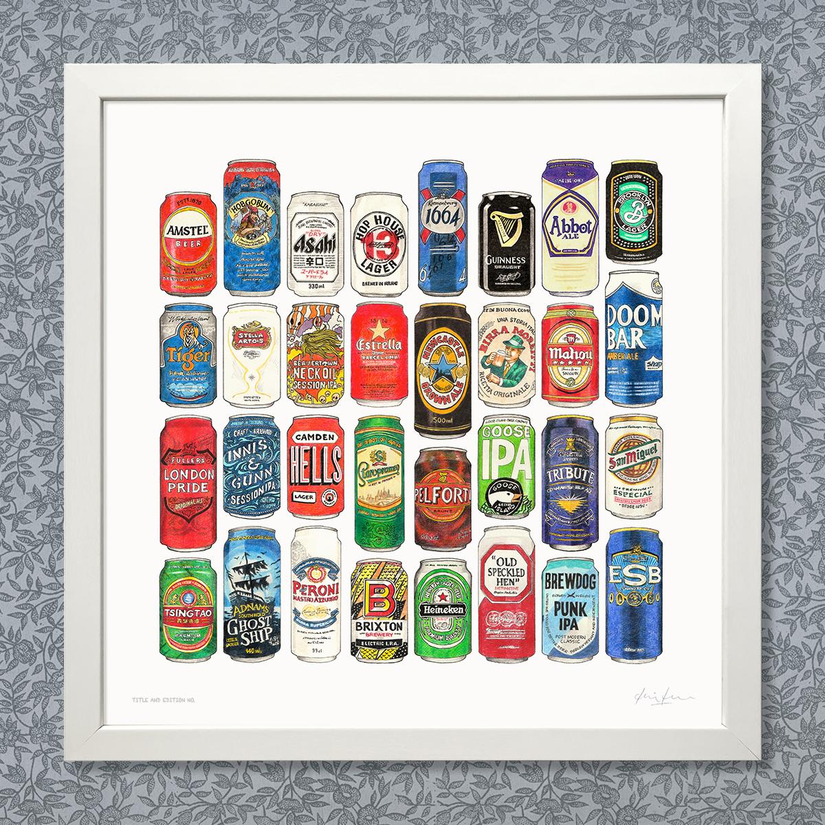 Limited edition print of a selection of pen, ink and coloured pencil sketches of beer cans, in a white frame.