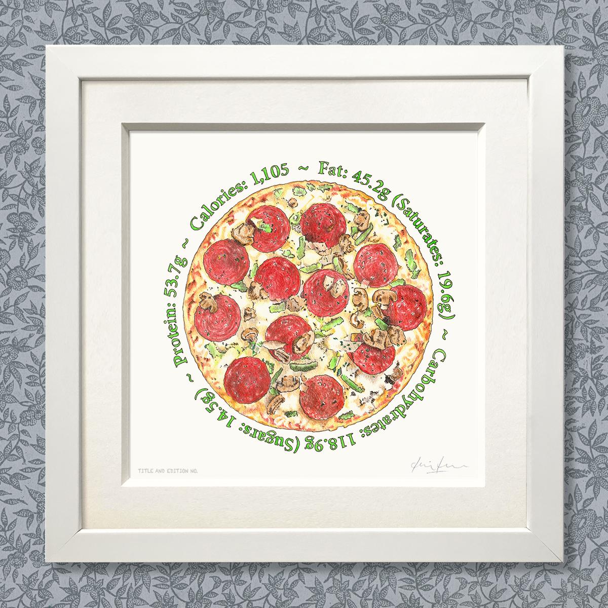Limited edition print of coloured drawing of pizza, in a white frame.