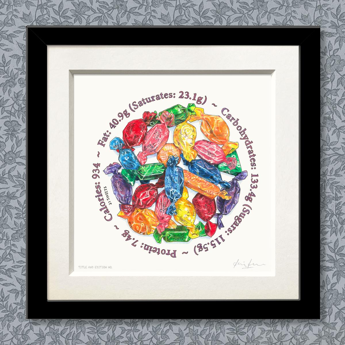 Limited edition print of coloured drawing of a pile of Quality Street chocolates, in a black frame.