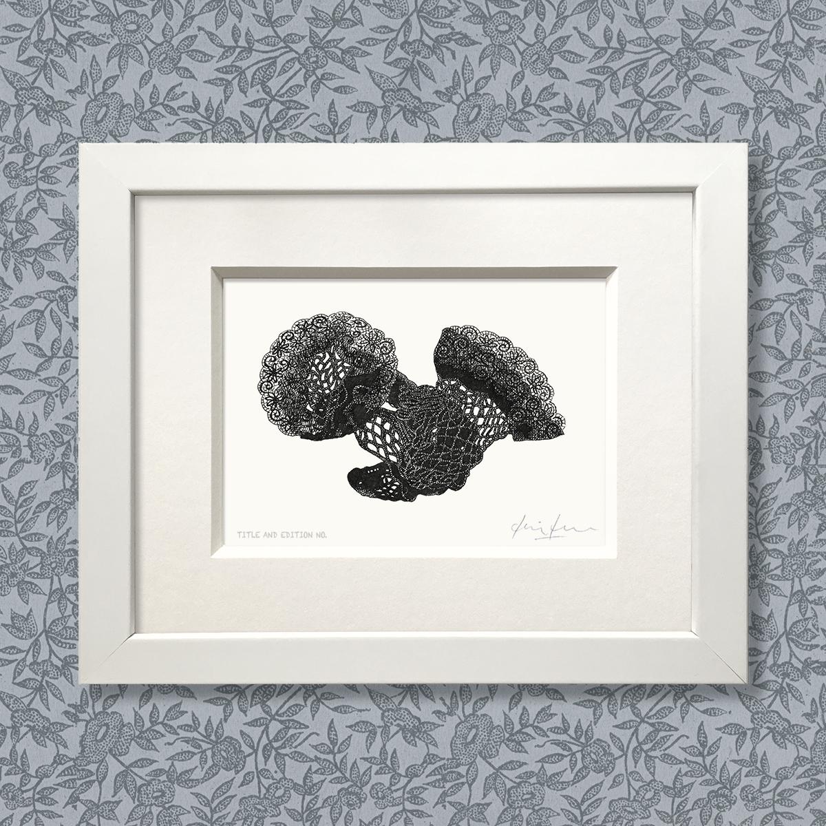 Limited edition print from pen and ink drawing of a pair of discarded fishnet stockings in a white frame