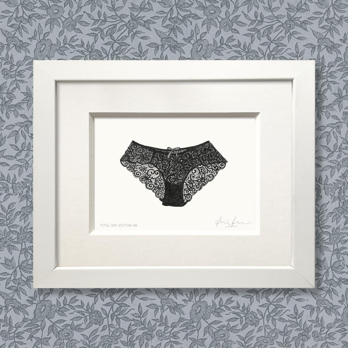 Limited edition print from pen and ink drawing of a pair of lacy knickers in a white frame