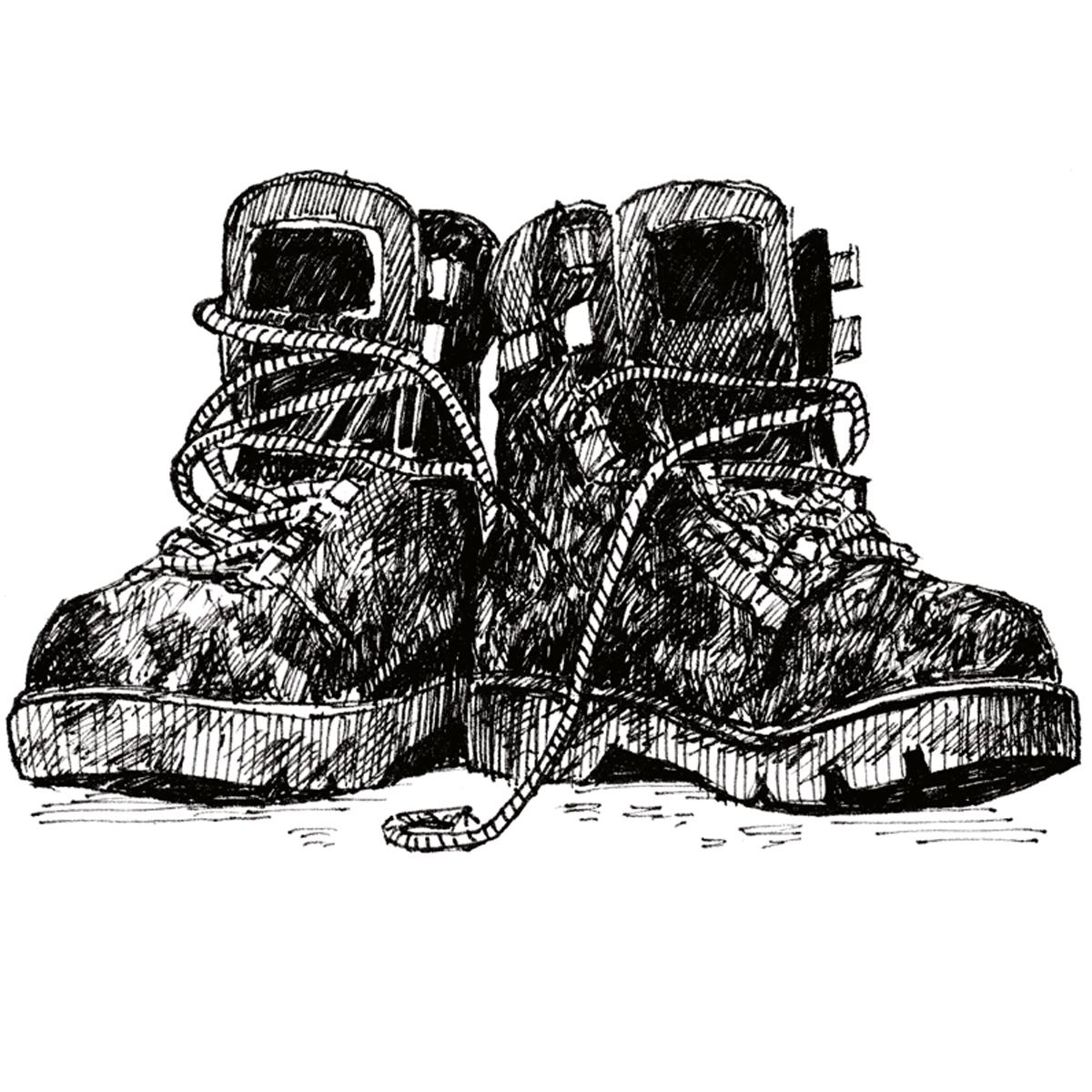Limited edition print from pen and ink drawing of a pair of muddy walking boots