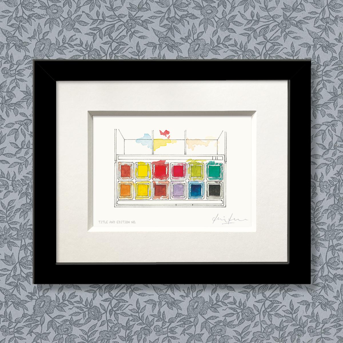 Limited edition print from pen, ink and watercolour sketch of a paint box in a black frame