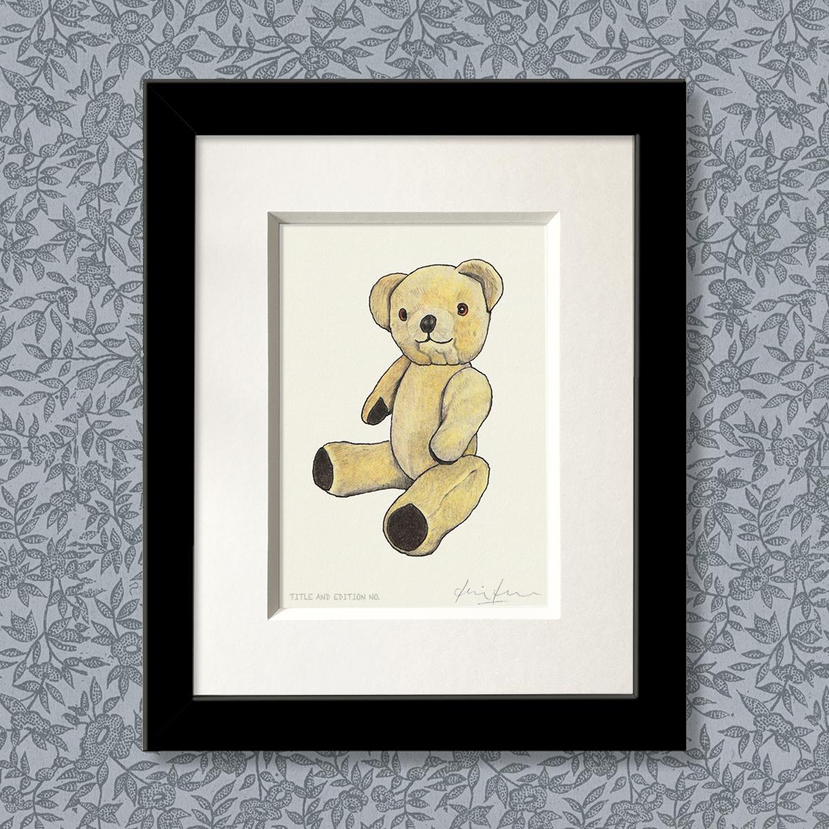 Limited edition print from a pen, ink and coloured pencil drawing of a Teddy Bear in a black frame