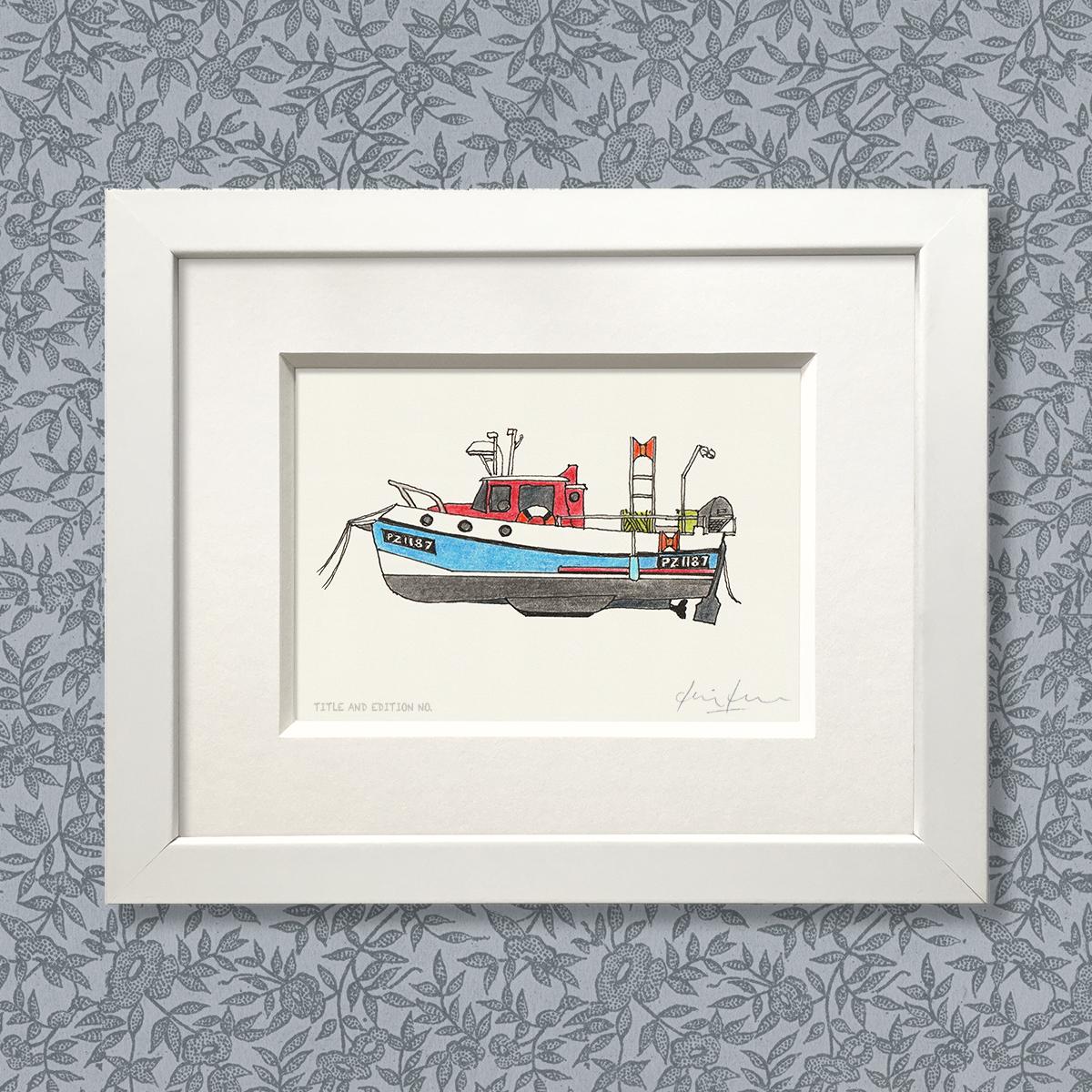 Limited edition print from pen and ink drawing of a fishing boat in a white frame