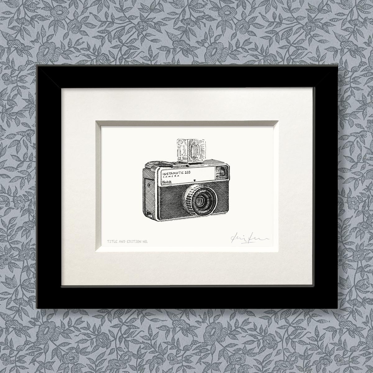 Limited edition print from pen and ink drawing of an old Instamatic camera in a black frame