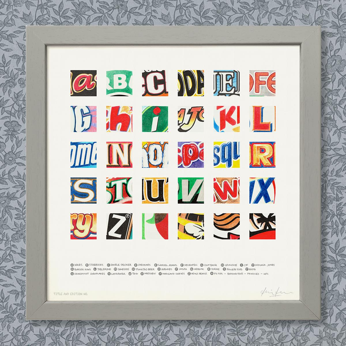 Limited edition print, a montage of letters from well-known brands in a grey frame.
