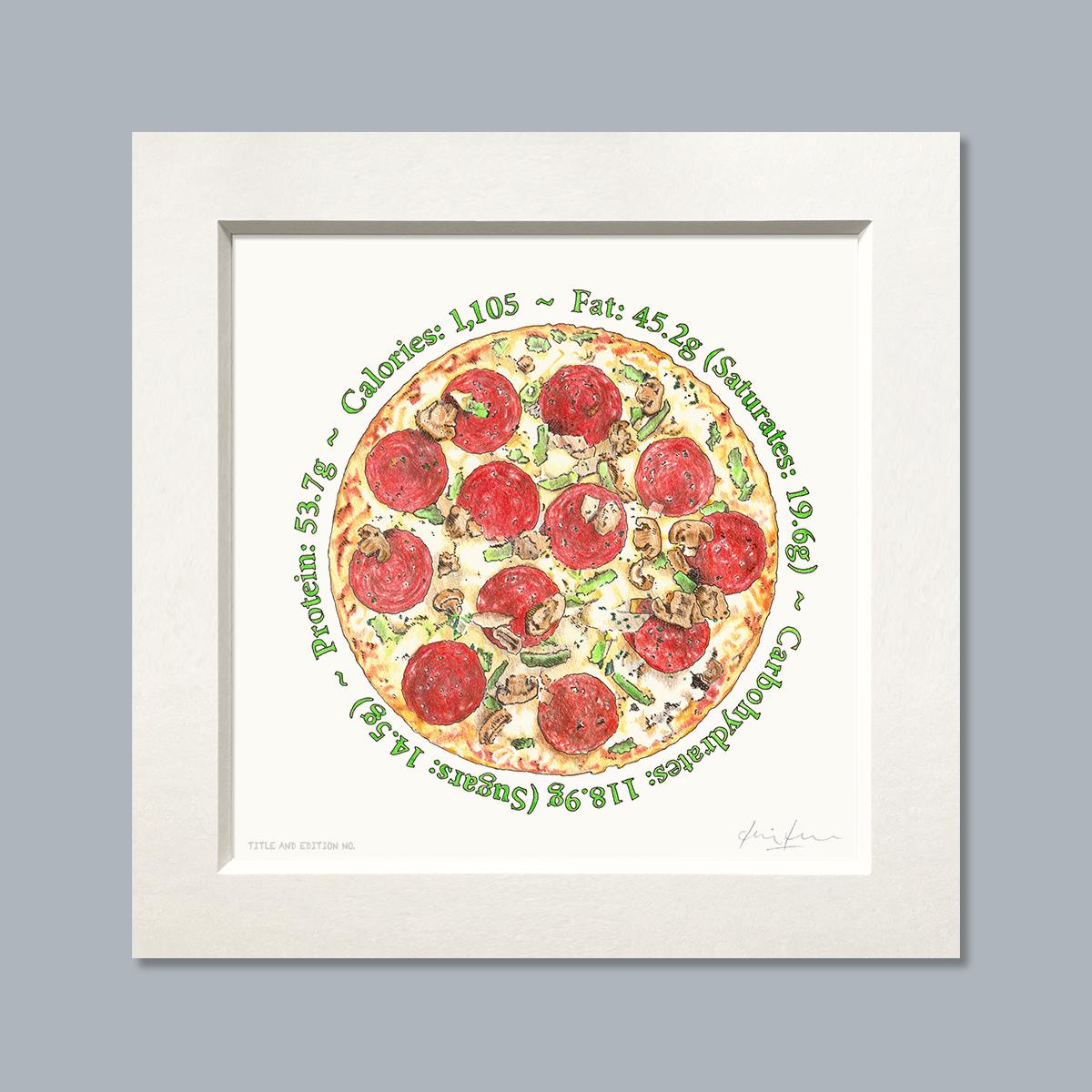 Limited edition print of coloured drawing of pizza, in a white mount.