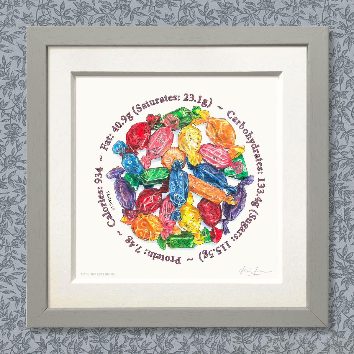 Limited edition print of coloured drawing of a pile of Quality Street chocolates, in a grey frame.