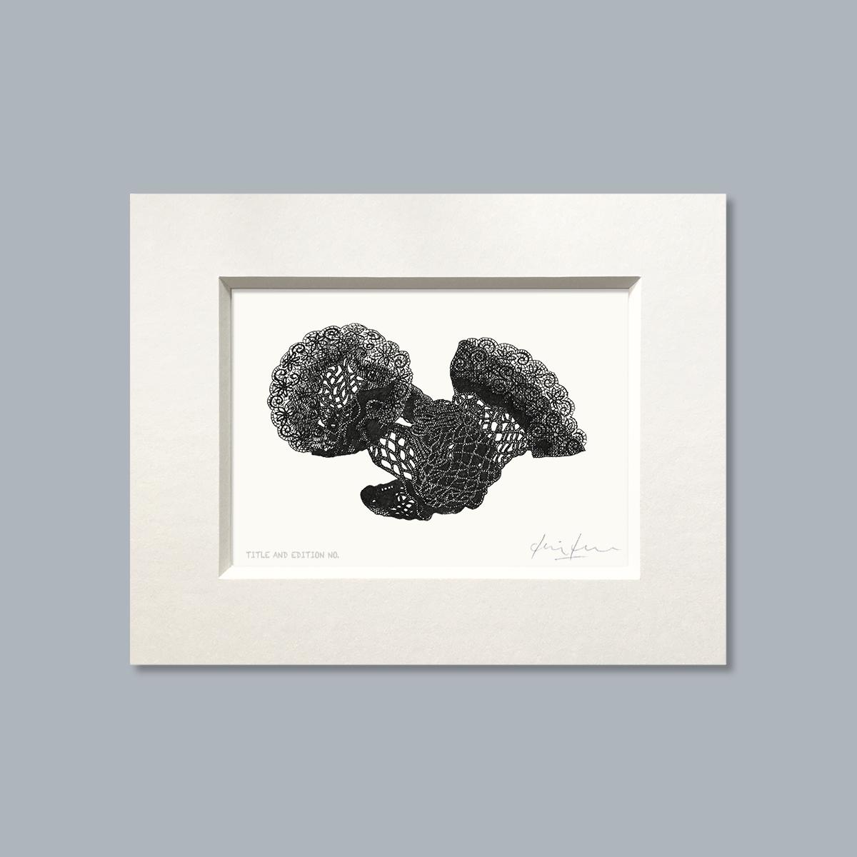 Limited edition print from pen and ink drawing of a pair of discarded fishnet stockings in a white mount