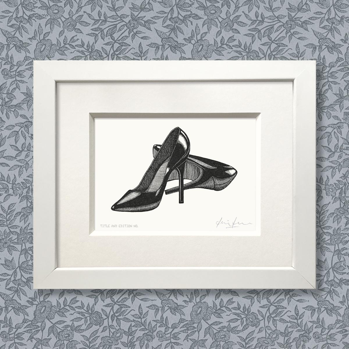 Limited edition print from pen and ink drawing of a pair of stiletto heels in a white frame