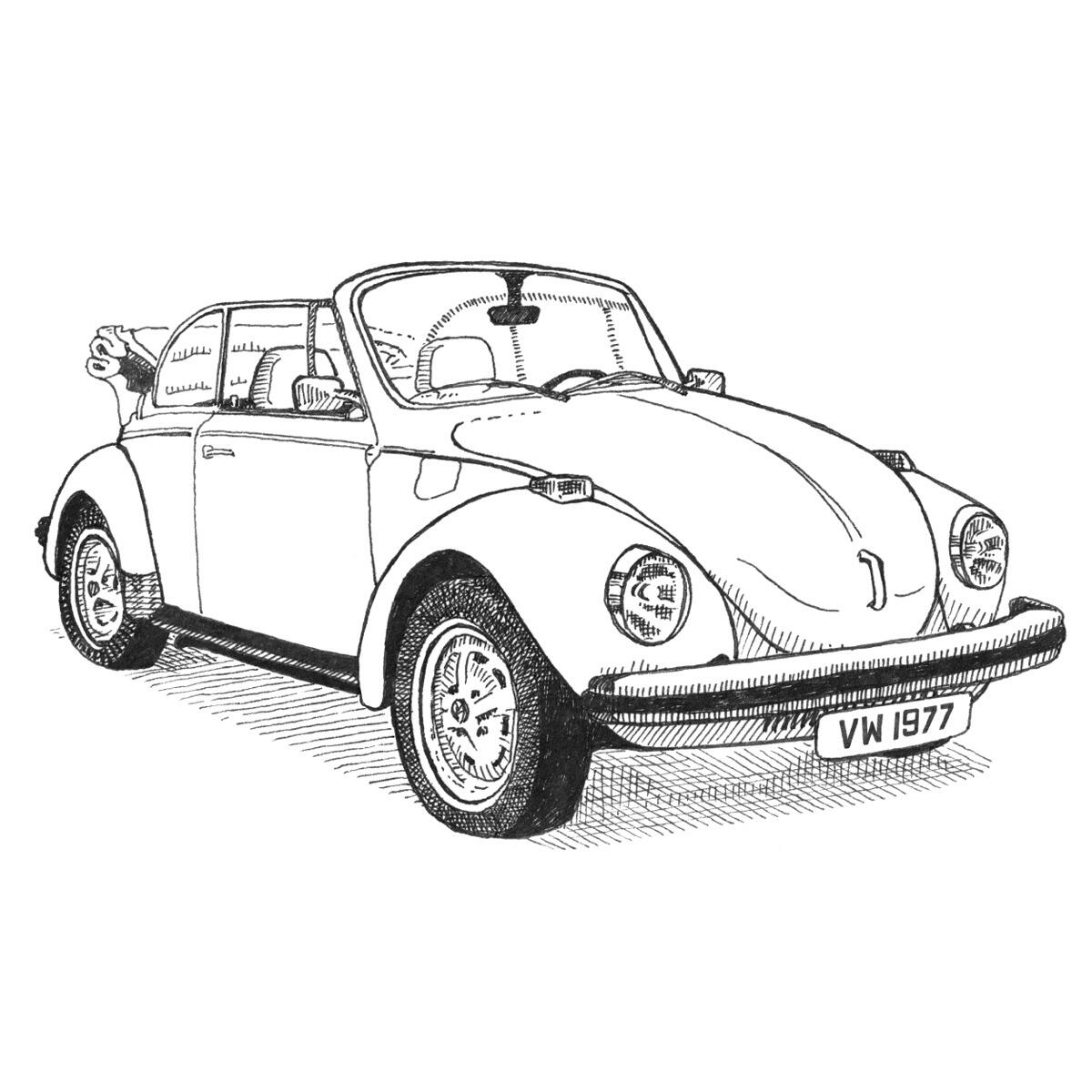 Limited edition print from pen and ink drawing of a 1977 soft-top VW Beetle