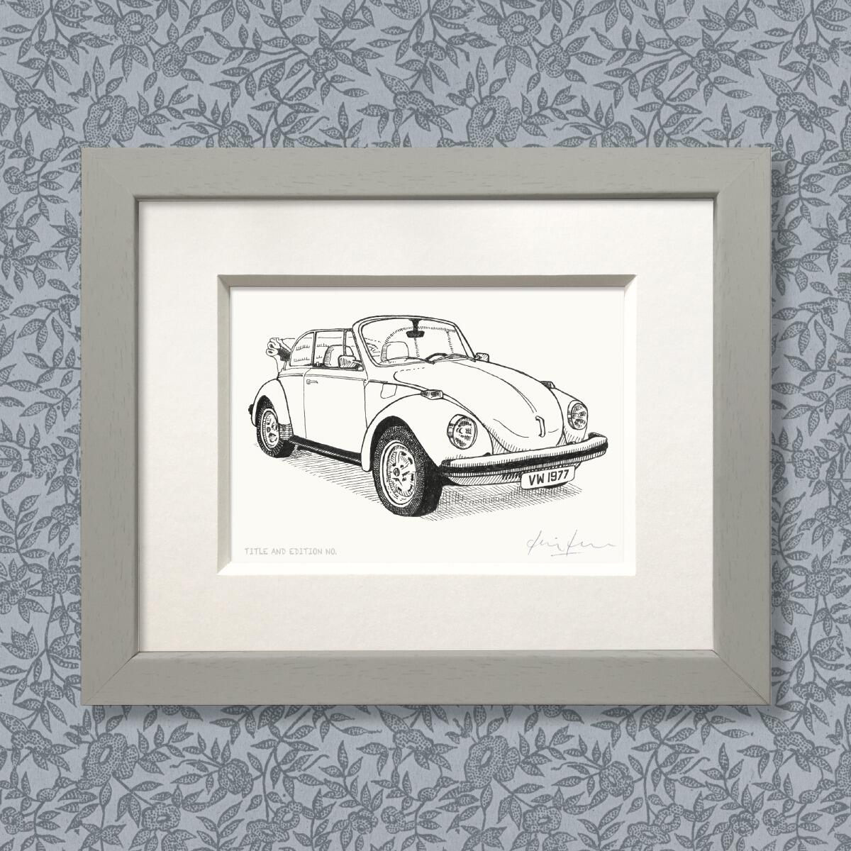 Limited edition print from pen and ink drawing of a 1977 soft-top VW Beetle in grey frame