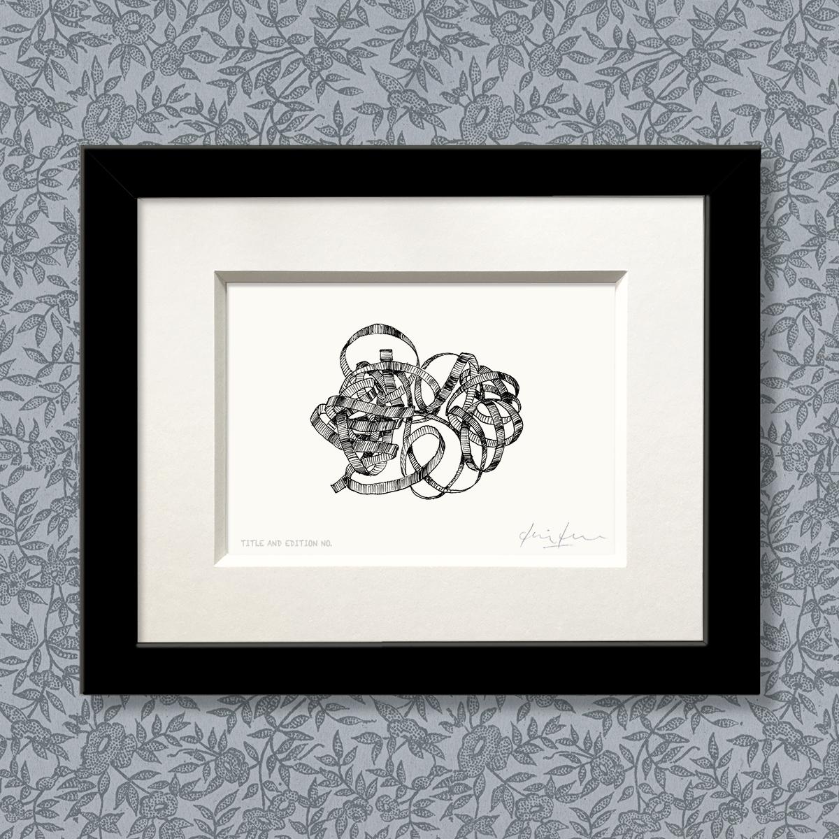 Limited edition print from pen and ink drawing of a ribbon in a black frame
