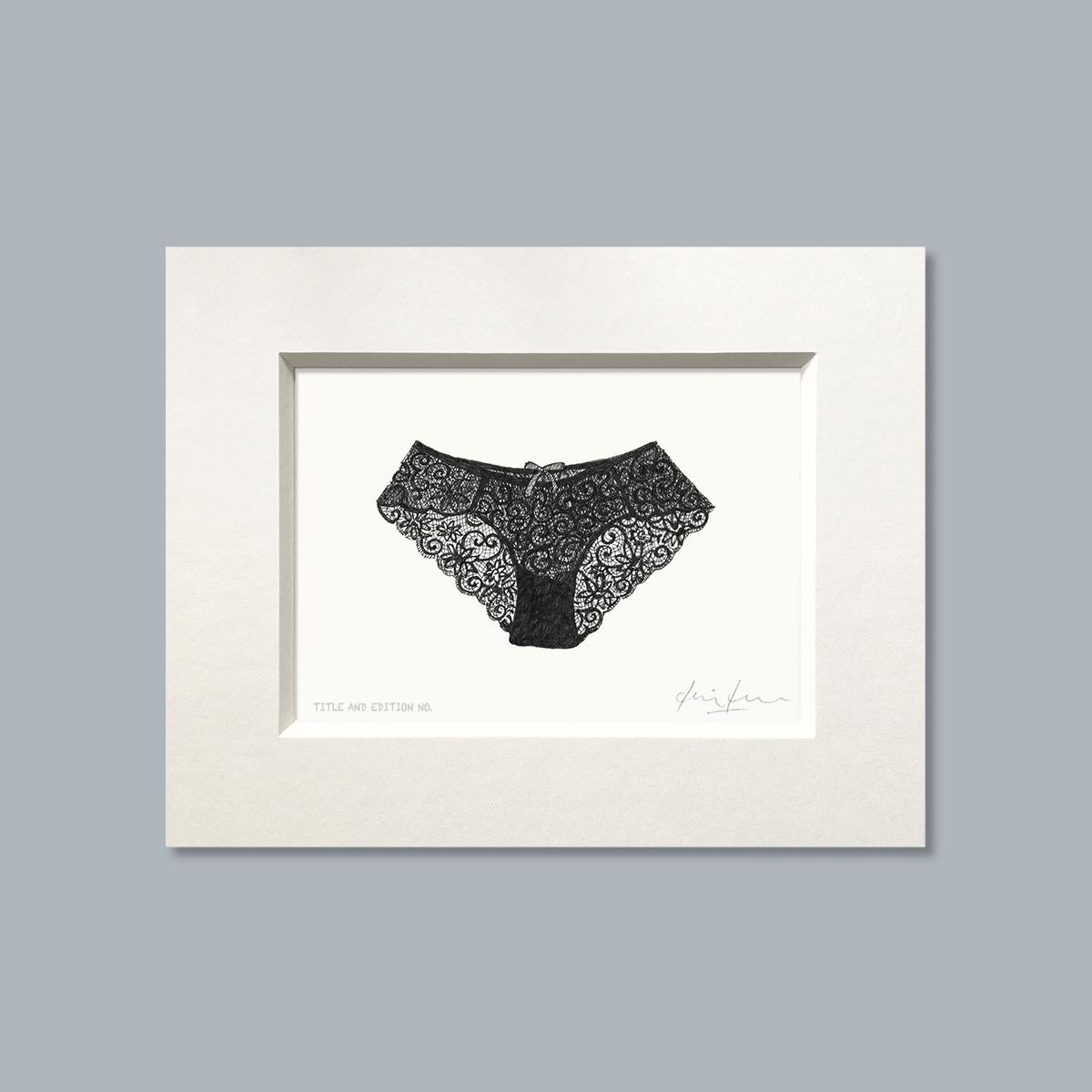 Limited edition print from pen and ink drawing of a pair of lacy knickers in a white mount