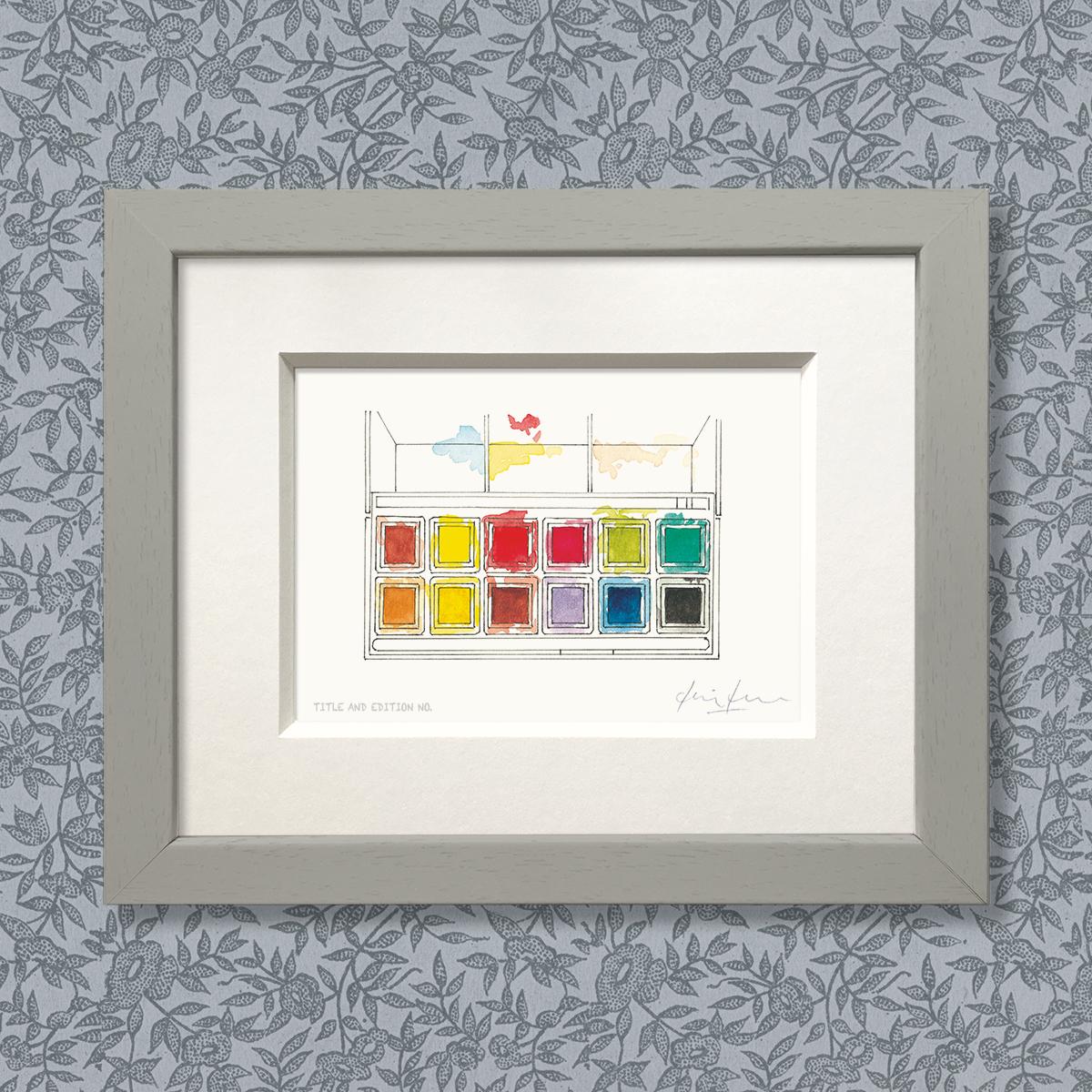 Limited edition print from pen, ink and watercolour sketch of a paint box in a grey frame