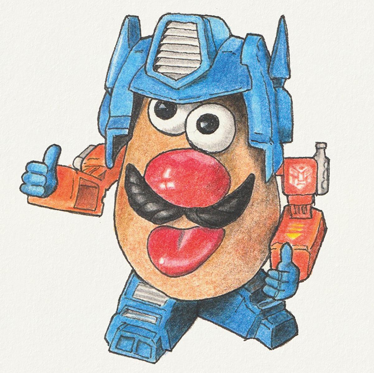 Limited edition print from a pen, ink and coloured pencil drawing of the Mr Potatohead toy dressed as Optimus Prime