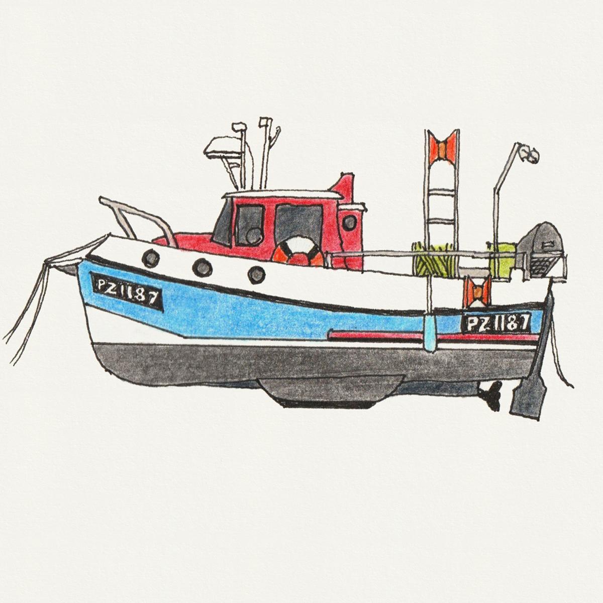 Limited edition print from pen and ink drawing of a fishing boat