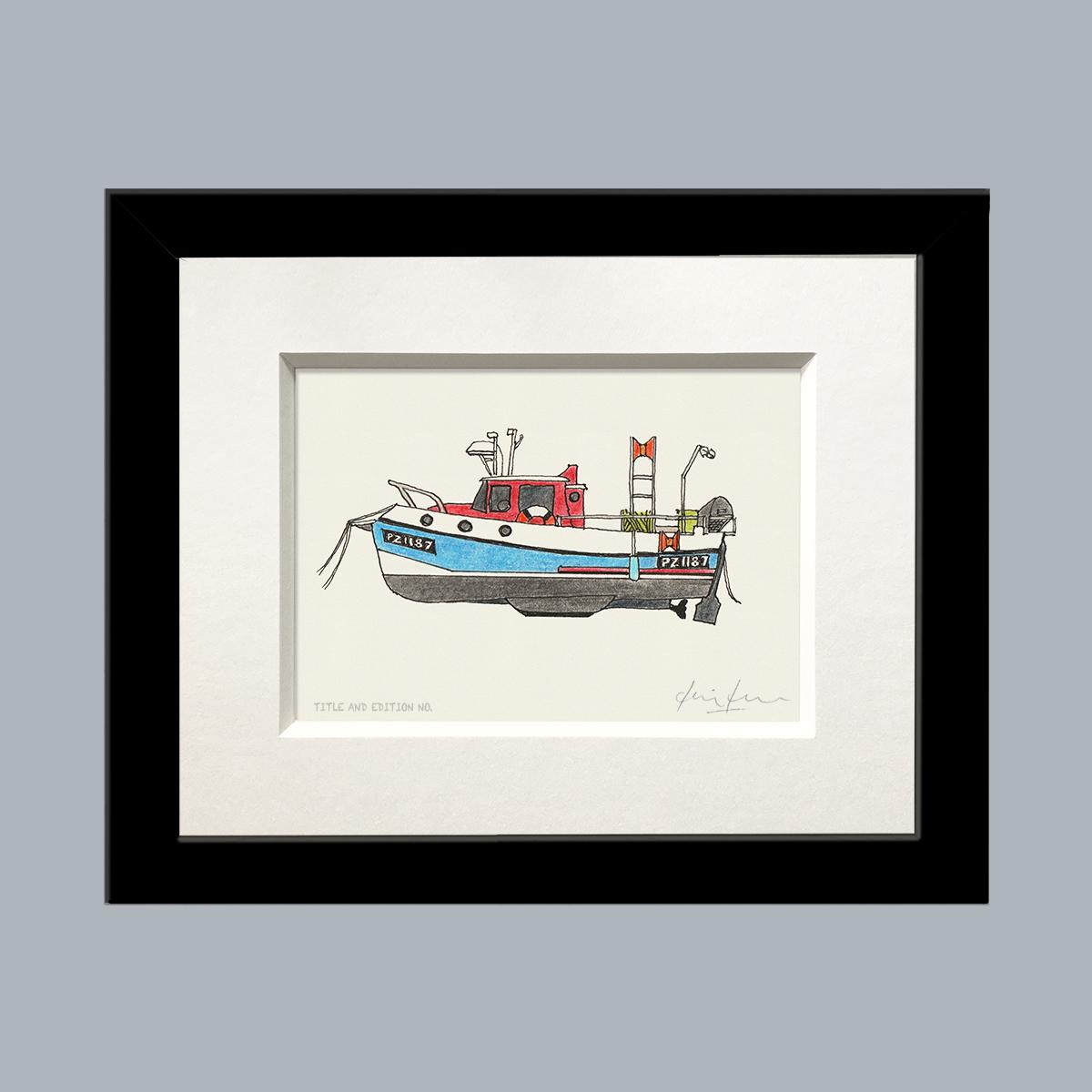 Limited edition print from pen and ink drawing of a fishing boat in a white mount
