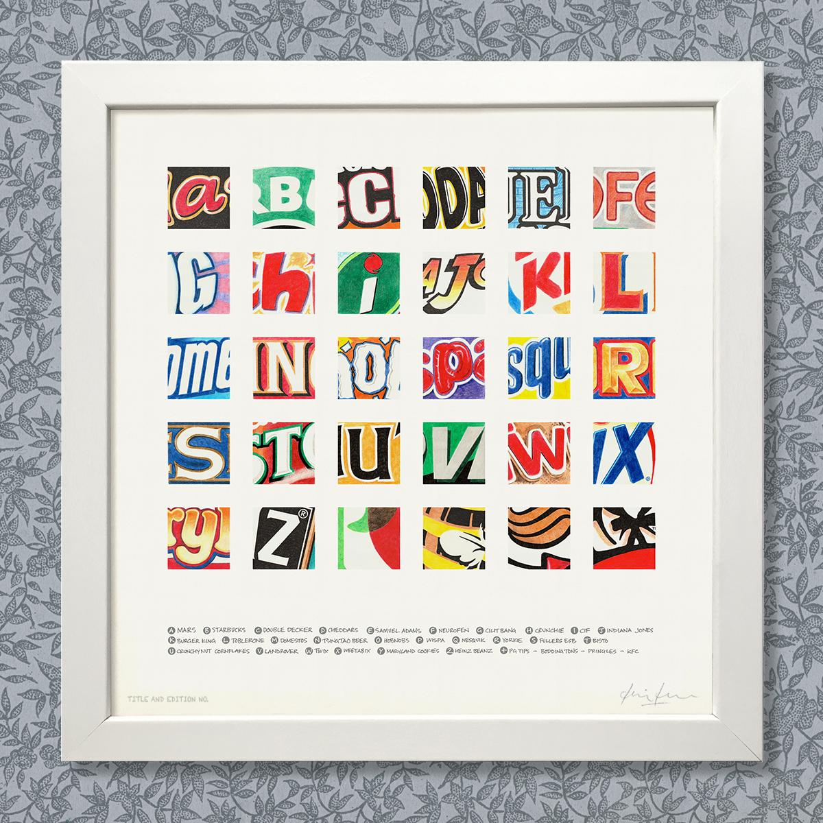 Limited edition print, a montage of letters from well-known brands in a white frame