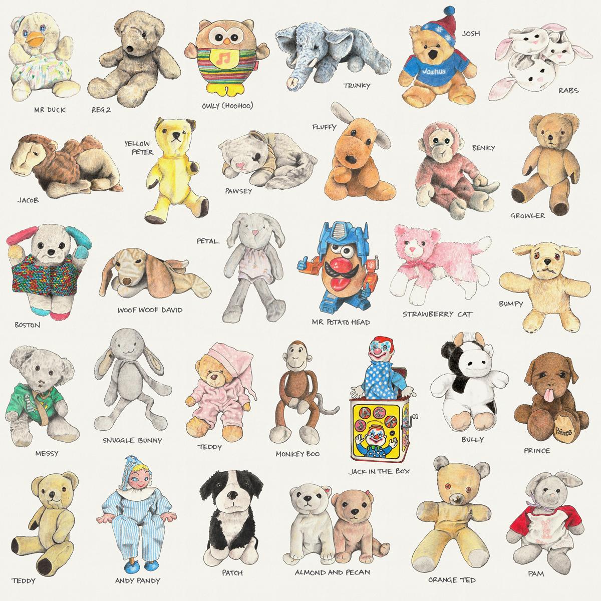Limited edition montage print of sketches in pen, ink and coloured pencil of much loved toys.
