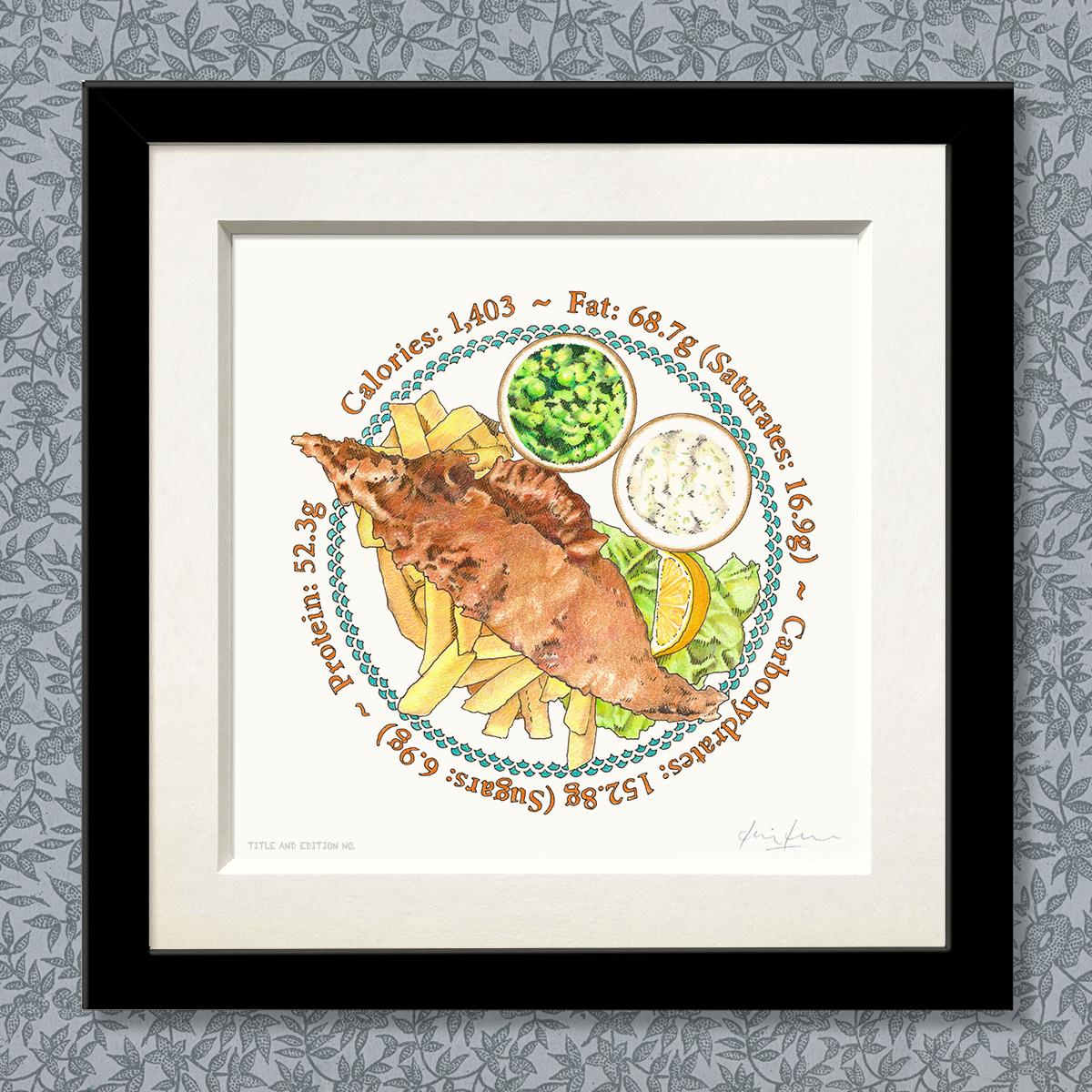 Limited edition print of a coloured drawing of a plate of fish and chips, in a black frame.