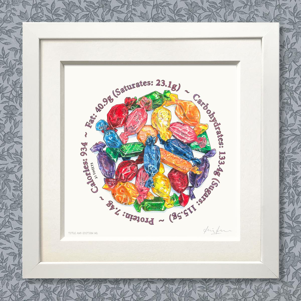 Limited edition print of coloured drawing of a pile of Quality Street chocolates, in a white frame.