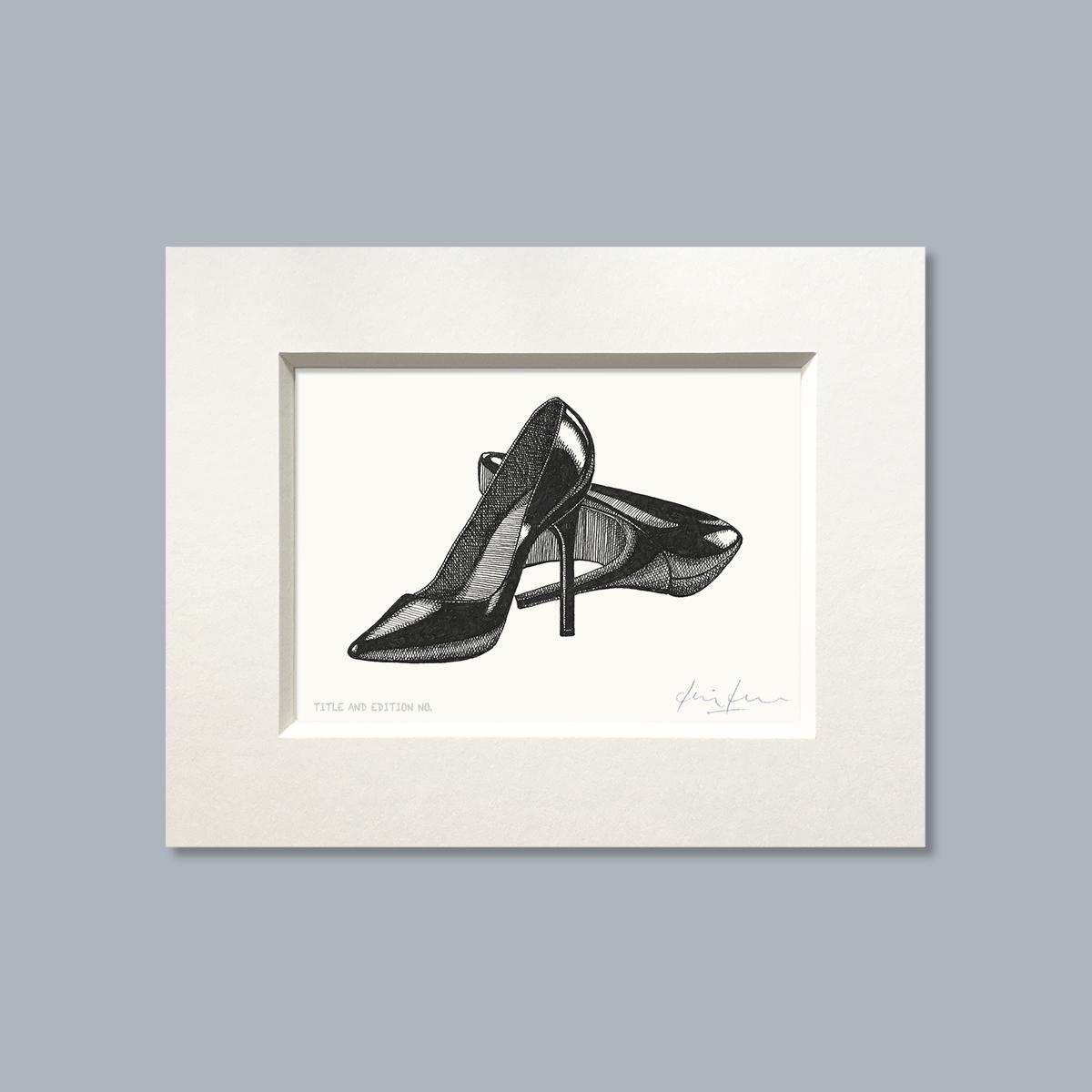 Limited edition print from pen and ink drawing of a pair of stiletto heels in a white mount